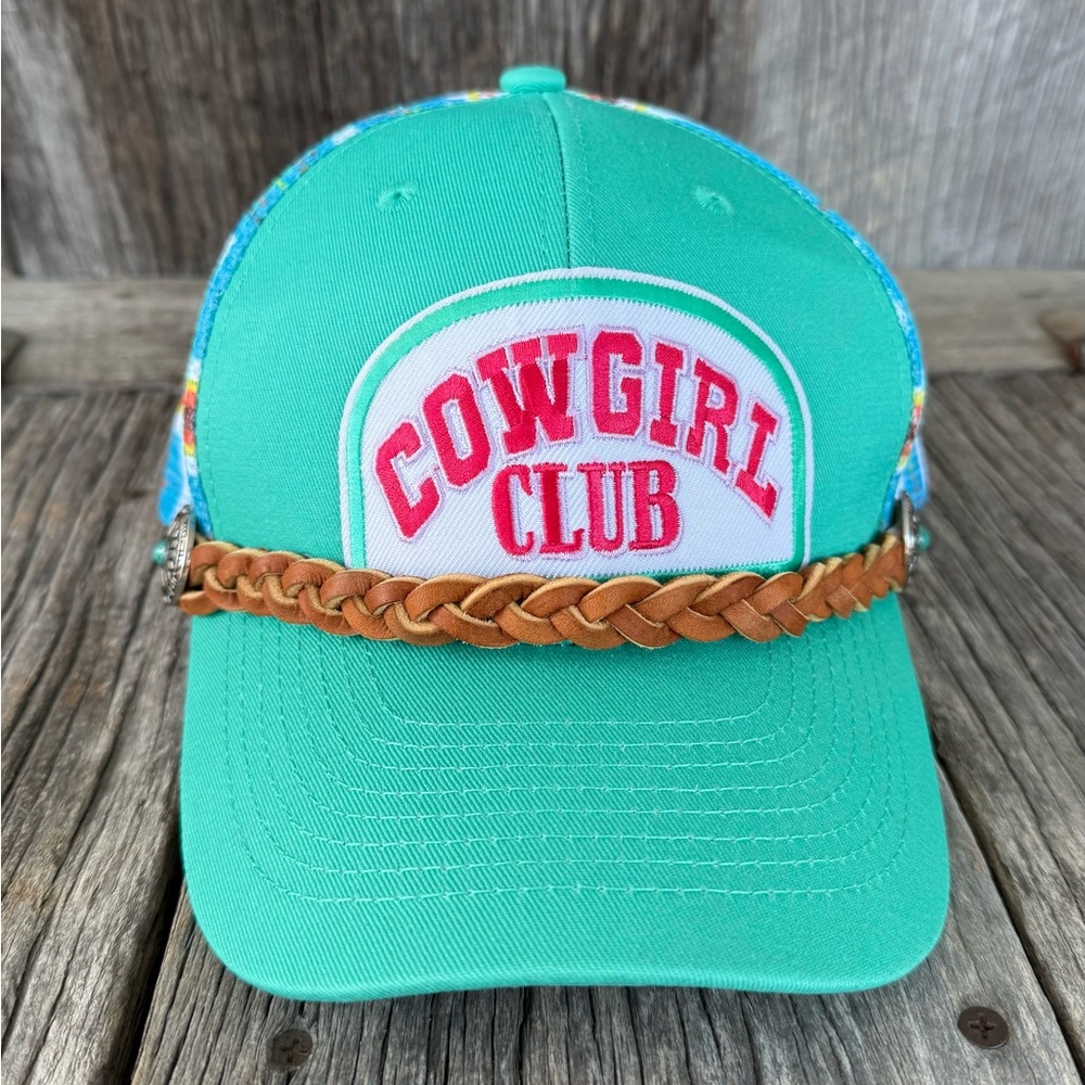 Turquoise Aztec Southwest Trucker Cap Hat Cowgirl Club Patch Braided Latigo Band